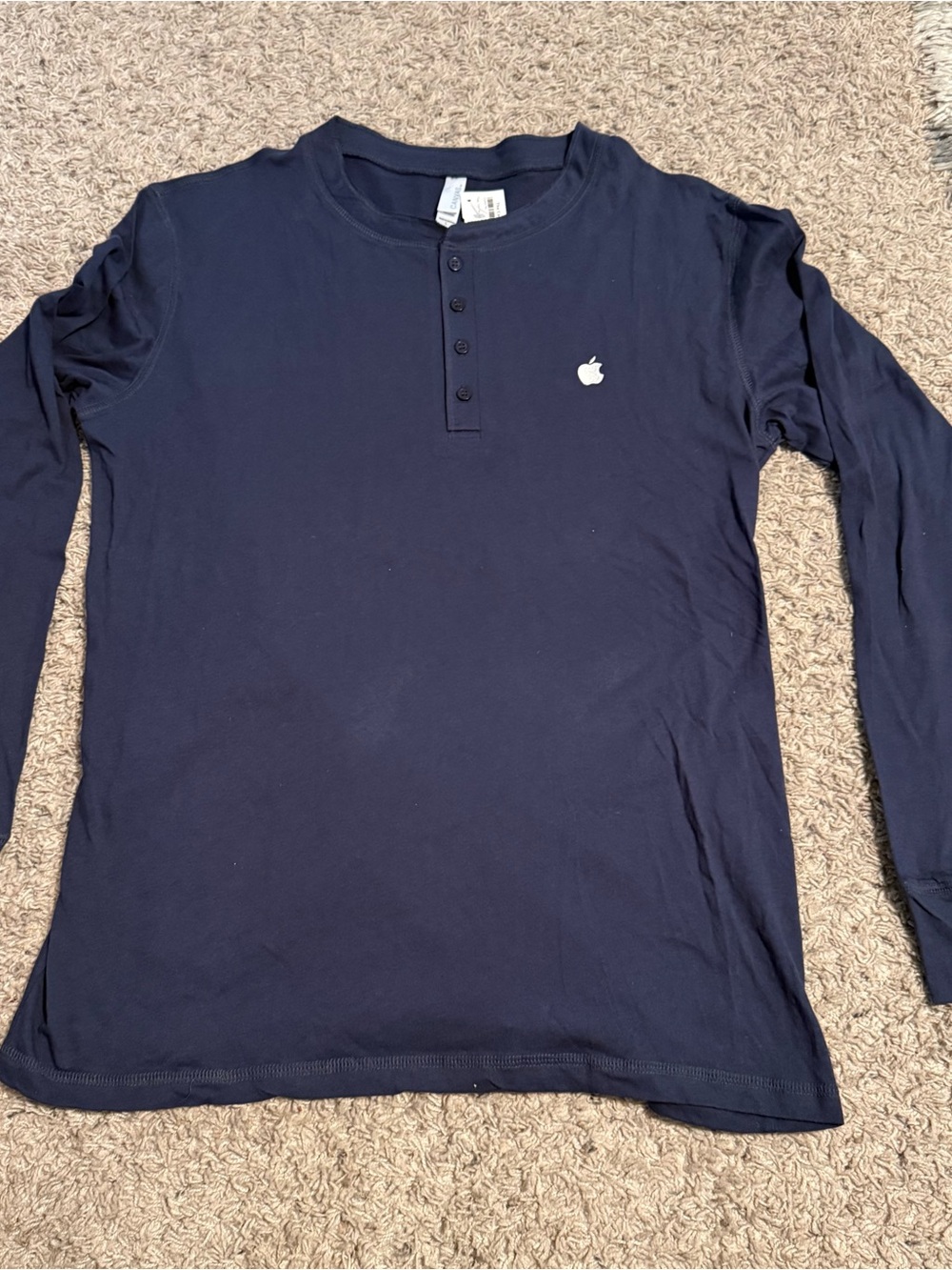 Apple Logo Navy Long Sleeve Henley Large embroidered 100% cotton